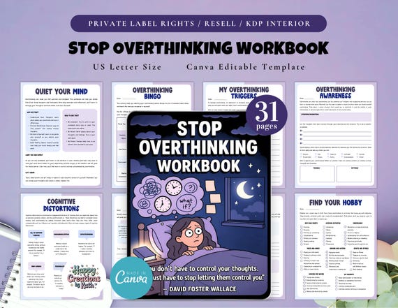 PLR / Resell Stop Overthinking Workbook, Printable and Editable Template, Declutter Your Mind, Anxiety Workbook, Mental Health Journal