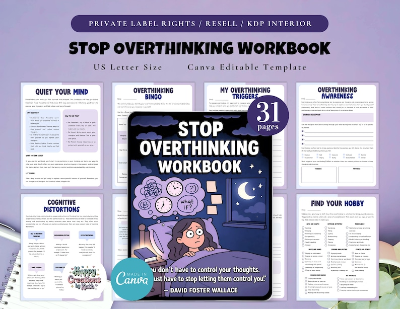 PLR / Resell Stop Overthinking Workbook, Printable and Editable Template, Declutter Your Mind, Anxiety Workbook, Mental Health Journal image 1