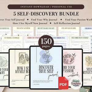 5-pack med självupptäcktsdagböcker för personligt bruk | PDF-utskrift och digital användning | Hitta din passion, upptäck ditt sanna jag, hitta ditt varför