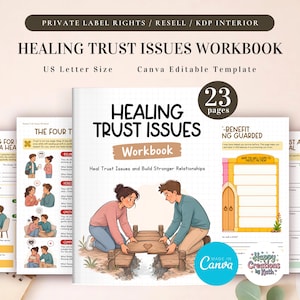 Può includere: Un quaderno di esercizi di 23 pagine intitolato Healing Trust Issues Workbook, fornito come modello Canva modificabile. La copertina mostra due persone che costruiscono un ponte di legno sopra un varco, con il titolo ben visibile.