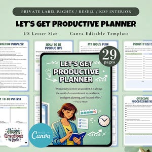 May include: A 29-page digital planner template titled Let's Get Productive Planner, featuring US Letter size pages with sections for distraction minimizing, focus plans, priority lists, to-do matrices, and procrastination overcoming strategies.