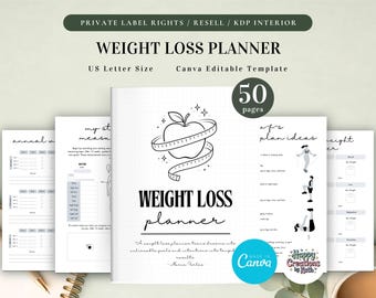 PLR Weight Loss Planner for Commercial Use, Printable and Canva Editable Template, Weight Loss Tracker, Fitness Planner, Meal Planner