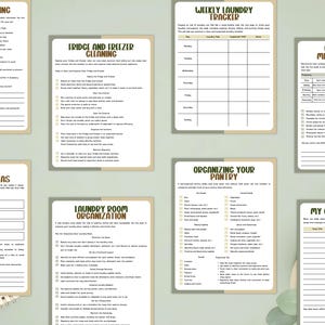 May include: A collection of printable cleaning checklists and trackers, including a weekly laundry tracker, pantry organization guide, and cleaning motivation ideas. The pages have a beige background with brown text.