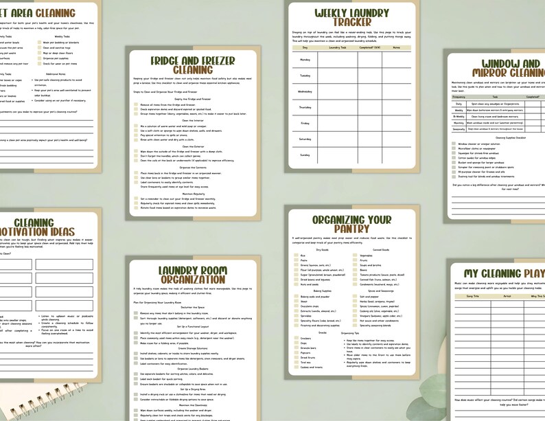 May include: A collection of printable cleaning checklists and trackers, including a weekly laundry tracker, pantry organization guide, and cleaning motivation ideas. The pages have a beige background with brown text.