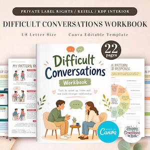Puede incluir: Un libro de ejercicios digital titulado Difficult Conversations Workbook de 22 páginas, con ilustraciones de dos personas sentadas en sillas, globos de texto y el texto Tools to speak up, listen well, and build stronger relationships.