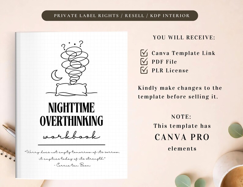 PLR Nighttime Overthinking Workbook for Commercial Use, Printable and Editable Template | Sleep Anxiety Journal
