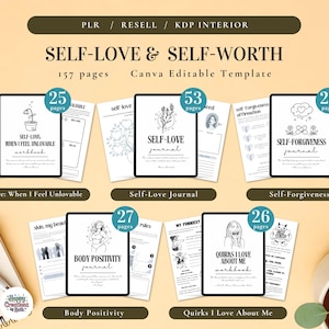 Op de afbeelding: Een afbeelding met een verzameling zelfhulpwerkboeken, met titels als "Self-Love" en "Body Positivity". Elk werkboek wordt weergegeven in een tabletachtig frame, met in totaal 157 pagina's. Het ontwerp is strak en modern.