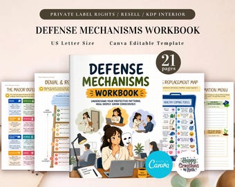 PLR Defense Mechanisms Workbook for Commercial Use | Printable and Canva Editable Self-Awareness Template, Self-Reflection and Coping Skills