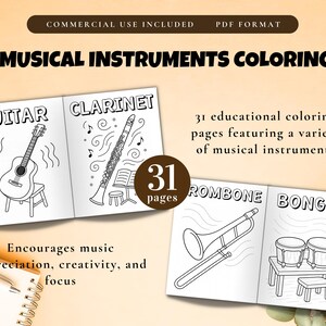 Writing Music Instrument For Coluring Musical Instruments Coloring Pages | Commercial Use | 31-page PDF Music ...