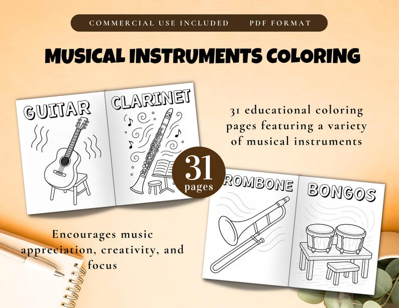 Musical Instruments Coloring Pages | Commercial Use | 31-page PDF Music ...