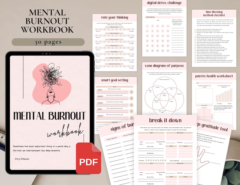 5 Burnout Recovery Bundle for Personal Use | PDF Printable and Digital Use | Stress Relief Worksheets | Mental Burnout | Overwhelm Detox