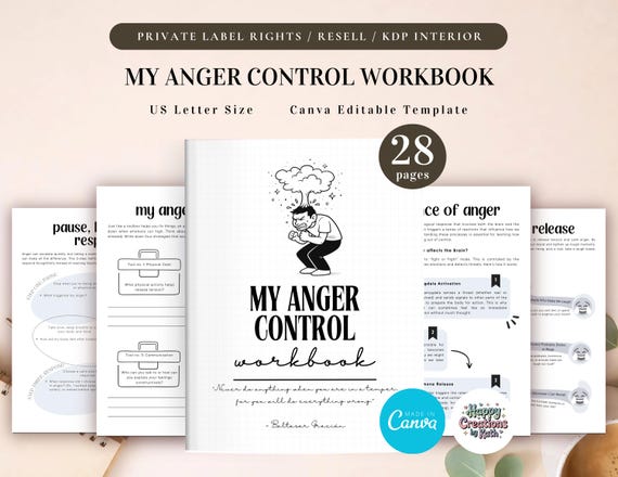 PLR My Anger Control Workbook for Commercial Use, Printable and Canva Editable Template, Anger Management Workbook, Anger Therapy