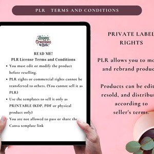 May include: A tablet displaying "PLR Terms and Conditions" with text about private label rights. The screen shows "Read Me!" and bullet points detailing usage restrictions. The background is a soft pink with a decorative cup.