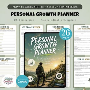 May include: A personal growth planner with a cover showing a person hiking towards a mountain peak. The planner includes pages for self-assessment, goal setting, and strength analysis. The text reads "Personal Growth Planner" and "US Letter Size".