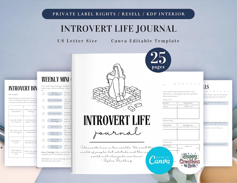 PLR Diario para introvertidos para uso comercial, plantilla imprimible y editable en Canva, diario de atención plena imagen 1