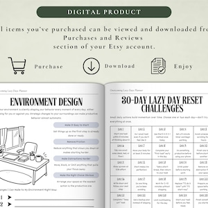 May include: A digital planner spread with the headings "Environment Design" and "30-Day Lazy Day Reset Challenges." The left page features a desk illustration. The right page has a challenge list. Text at the top says "Digital Product."
