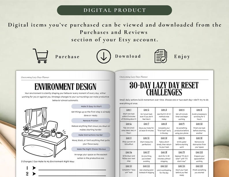 May include: A digital planner spread with the headings "Environment Design" and "30-Day Lazy Day Reset Challenges." The left page features a desk illustration. The right page has a challenge list. Text at the top says "Digital Product."