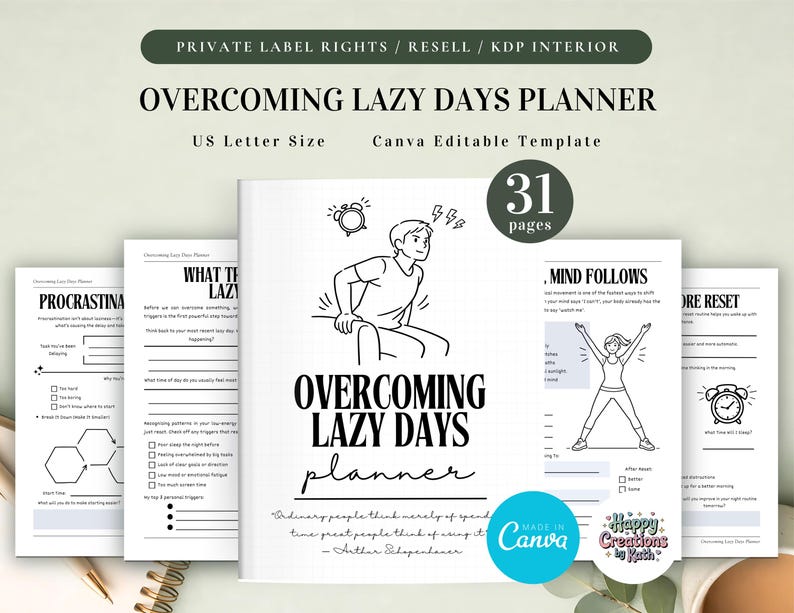 May include: A white planner titled "OVERCOMING LAZY DAYS PLANNER" with the text "US Letter Size" and "Canva Editable Template." The planner has 31 pages and includes illustrations and text. The planner is designed to help overcome laziness.