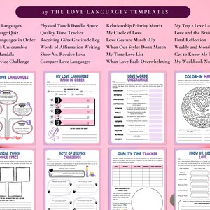 May include: A pink and purple template set titled "The Love Languages Templates" with various worksheets. Titles include "The 5 Love Languages," "Color-In Mandala," and "Quality Time Tracker." The image features a variety of templates for relationship and self-reflection.