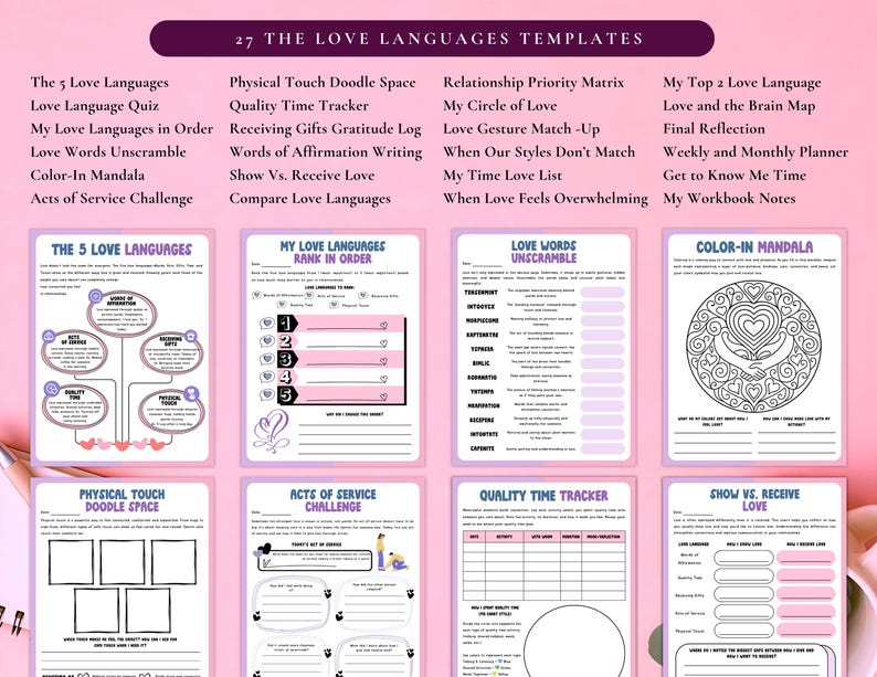 May include: A pink and purple template set titled "The Love Languages Templates" with various worksheets. Titles include "The 5 Love Languages," "Color-In Mandala," and "Quality Time Tracker." The image features a variety of templates for relationship and self-reflection.