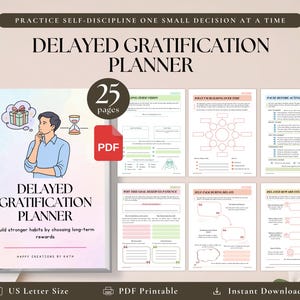 以下が含まれることがあります： USレターサイズの25ページのPDF遅延報酬プランナー。表紙には、考えている人物、ギフト、砂時計のイラストが描かれています。内側のページには、長期的なビジョン、目標構築、報酬システムのためのセクションが含まれています。