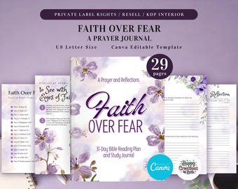 PLR Faith Over Fear: A Prayer Journal for Commercial Use, Printable and Canva Editable Template, Faith Journal, Devotional Journal