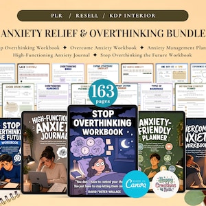 May include: Anxiety relief and overthinking bundle featuring multiple digital workbooks and planners. The collection includes titles like Stop Overthinking Workbook, Overcome Anxiety Workbook, and Anxiety Management Planner, totaling 163 pages.