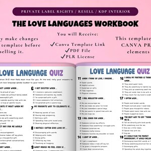 May include: A workbook titled "The Love Languages Workbook" with a pink and purple theme. The workbook includes a "Love Language Quiz" with multiple-choice questions. The text on the cover indicates private label rights and Canva template availability.