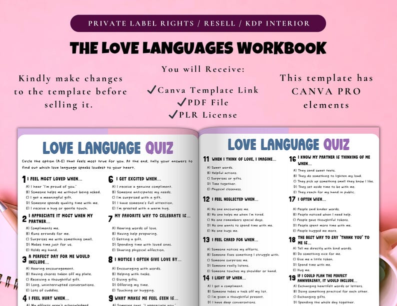 May include: A workbook titled "The Love Languages Workbook" with a pink and purple theme. The workbook includes a "Love Language Quiz" with multiple-choice questions. The text on the cover indicates private label rights and Canva template availability.