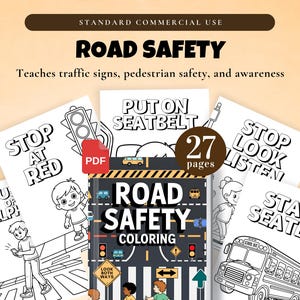 交通安全ぬり絵 | 商用利用可 | 27ページPDF | 交通標識、横断歩道、ヘルメットの安全性 | 子供向けの楽しく学べる教育ぬり絵