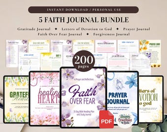 5 Faith Journal Bundle for Personal Use | PDF Printable and Digital Use | Prayer Journal, Gratitude Journal, Devotional Journal, Bible
