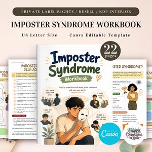 May include: A 22-page Imposter Syndrome workbook template in US Letter size. The cover features a person holding a white mask, surrounded by thought bubbles with text, and the title Imposter Syndrome Workbook. Includes interior pages.