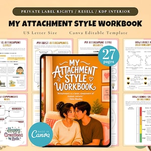 May include: A workbook titled "MY ATTACHMENT STYLE WORKBOOK" with the text "US Letter Size" and "Canva Editable Template." The cover features a couple kissing. The workbook includes 27 pages and is designed for private label rights and resale.