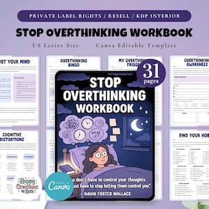 PLR / Revender Cuaderno de ejercicios para dejar de pensar demasiado, plantilla imprimible y editable, despeja tu mente, cuaderno de ejercicios para la ansiedad, diario de salud mental