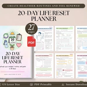 May include: A 27-page 20-Day Life Reset Planner PDF printable in US Letter size. The cover features a pastel watercolor background with icons of a calendar, water bottle, plant, and heart. Includes six interior pages with daily goal prompts.