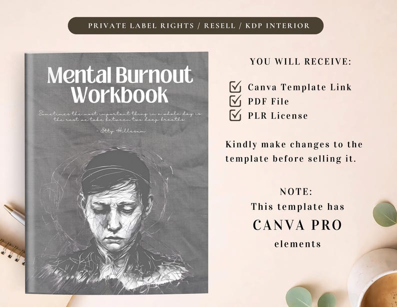 PLR Mental Burnout Workbook for Commercial Use, Printable and Editable Canva Template, Stress Management, Wellness Journal image 2