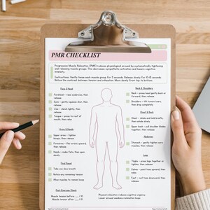 May include: A PMR Checklist printed on white paper, secured to a brown wooden clipboard. The document features a central human body outline surrounded by text instructions for progressive muscle relaxation, including sections for head, neck, and limbs.