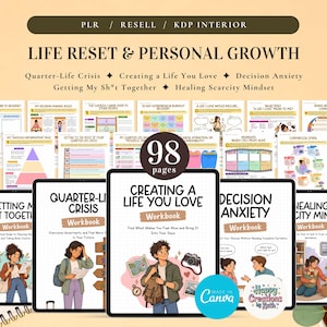Könnte beinhalten: Ein 98-seitiges digitales Arbeitsbuch-Set mit dem Titel Life Reset & Personal Growth, das mehrere einzelne Arbeitsbücher mit illustrierten Einbänden und Innenseiten enthält. Themen sind unter anderem Quarter-Life Crisis und Entscheidungsangst.