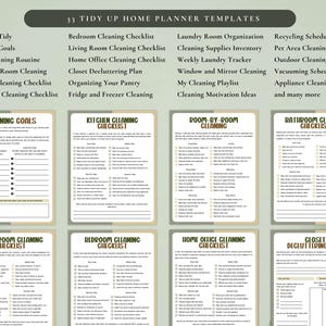 May include: A collection of printable home planner templates with headings like "Cleaning Goals," "Kitchen Cleaning Checklist," and "Bedroom Cleaning Checklist." The templates are designed to help organize and tidy up various areas of the home.
