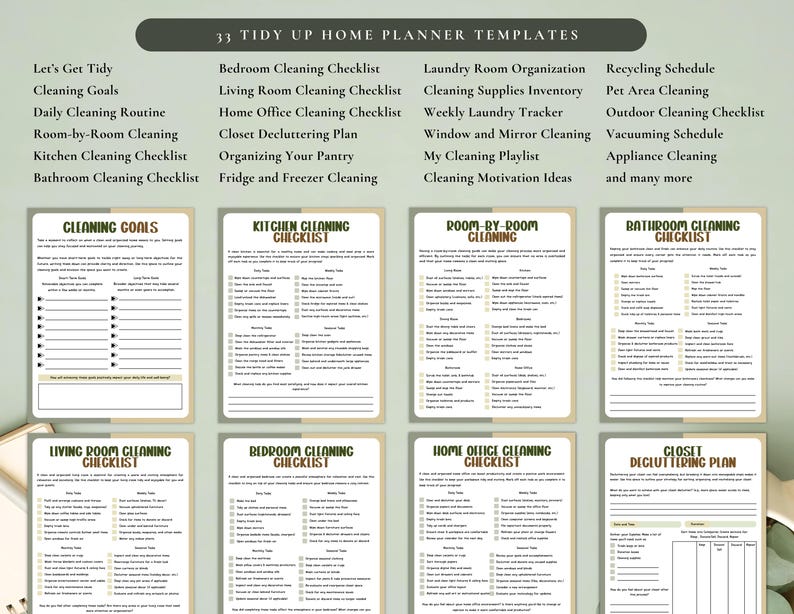 May include: A collection of printable home planner templates with headings like "Cleaning Goals," "Kitchen Cleaning Checklist," and "Bedroom Cleaning Checklist." The templates are designed to help organize and tidy up various areas of the home.