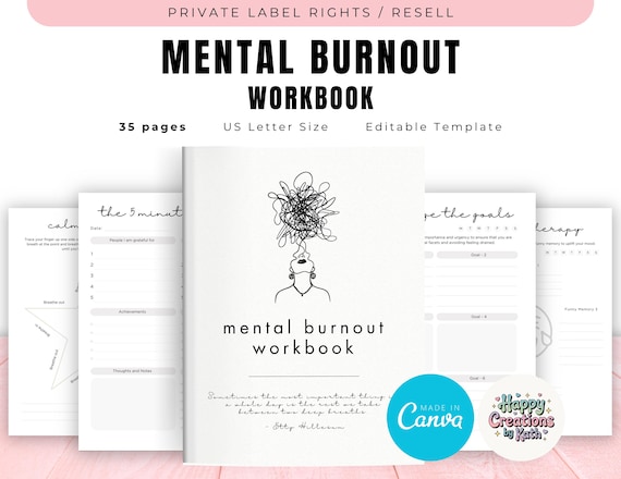PLR / Resell Mental Burnout Workbook for Commercial Use, Printable and Editable Template, Wellness Journal, Coping Strategies Journal
