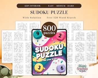 800+ Sudoku Puzzle Printable – KDP Interior Activity Book | Easy, Medium & Hard Game Bundle w/ Solutions, Instant Download, Ready to Print