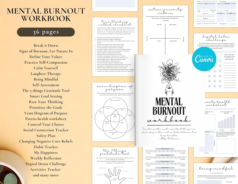 May include: A mental burnout workbook with 36 pages, featuring various self-care and wellness exercises. The cover displays the title "Mental Burnout Workbook" and includes a list of topics such as "Break it Down" and "Digital Detox Challenge".