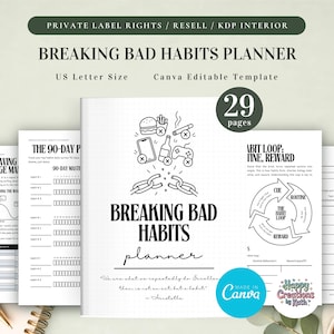 May include: A planner titled "Breaking Bad Habits" with the text "US Letter Size" and "Canva Editable Template." The cover features a graphic of broken chains and illustrations of unhealthy habits. The planner has 29 pages.