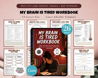 PLR / Revender Cuaderno de trabajo "Mi cerebro está cansado", plantilla imprimible y editable en Canva, alivio del agotamiento mental, plantilla para la recuperación del agobio
