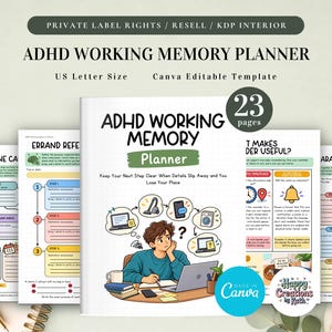 Puede incluir: Una plantilla de planificador de memoria de trabajo TDAH de 23 páginas. La portada muestra a una persona sentada en un escritorio con una computadora portátil, rodeada de iconos de artículos del hogar, con el texto ADHD WORKING MEMORY Planner.