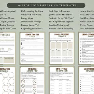 May include: A collection of 29 stop people-pleasing templates, including daily check-in, understanding the cause, and crafting affirmations. The templates are designed with a neutral color palette and feature various prompts and exercises for self-reflection and personal growth.
