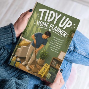 May include: A hardcover "Tidy Up Home Planner" book with a green cover, held by a person. The cover features an illustration of a person sweeping a floor. Text includes "Tidy Up Home Planner" and a quote by Marie Kondo.