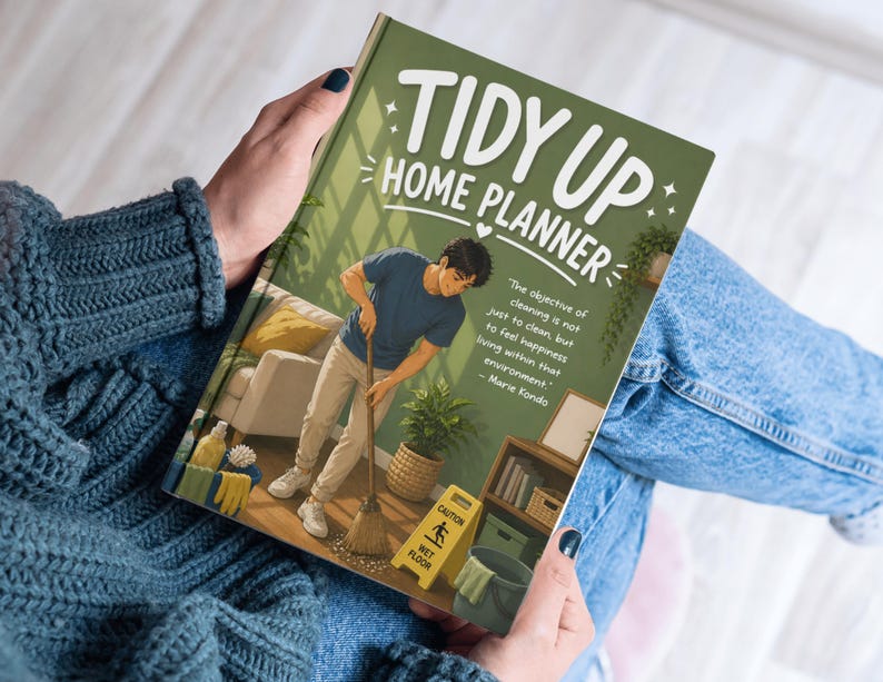 May include: A hardcover "Tidy Up Home Planner" book with a green cover, held by a person. The cover features an illustration of a person sweeping a floor. Text includes "Tidy Up Home Planner" and a quote by Marie Kondo.