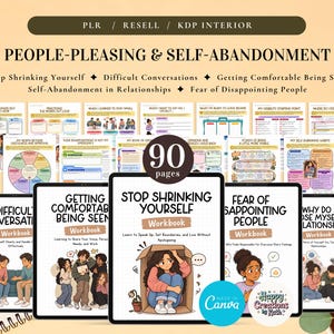 Peut inclure: Un ensemble de 90 pages de cahiers d'exercices numériques intitulé People-Pleasing & Self-Abandonment, comprenant plusieurs couvertures et pages intérieures avec des illustrations, des grilles et des textes pour le développement personnel.
